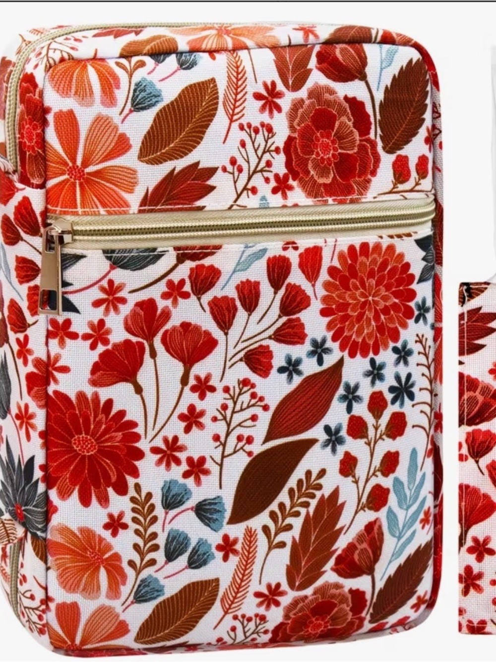 Floral Red Orange Travel Pouch with Front Zip Pocket